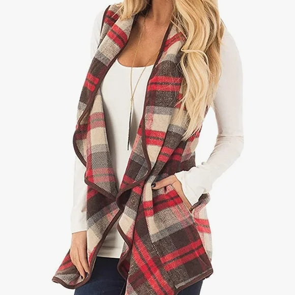 Buffalo Plaid Vest Casual Lapel Open Front Sleeveless Cardigan - Picture 5 of 6